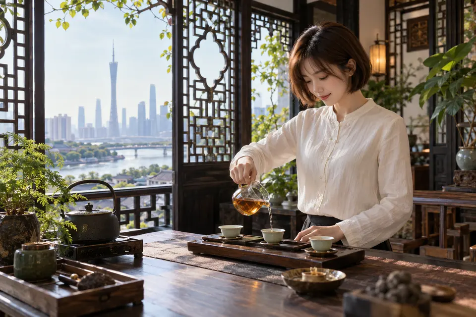 岭南花窗前的冲泡空间中，公道杯分茶的品茶场景