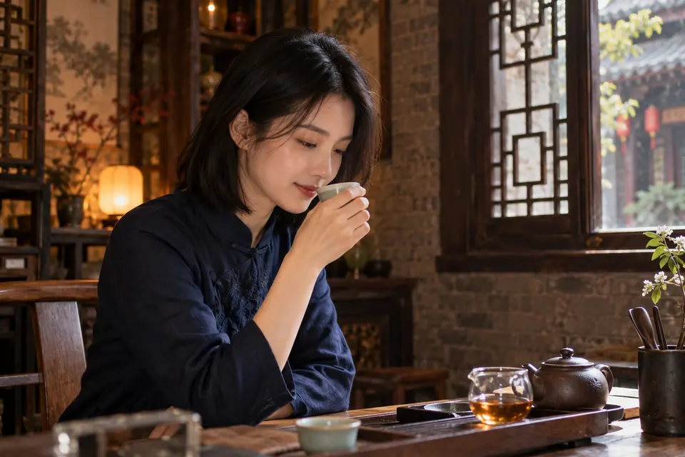 深色木作室内，年轻女性持陶杯闻香的品茶场景
