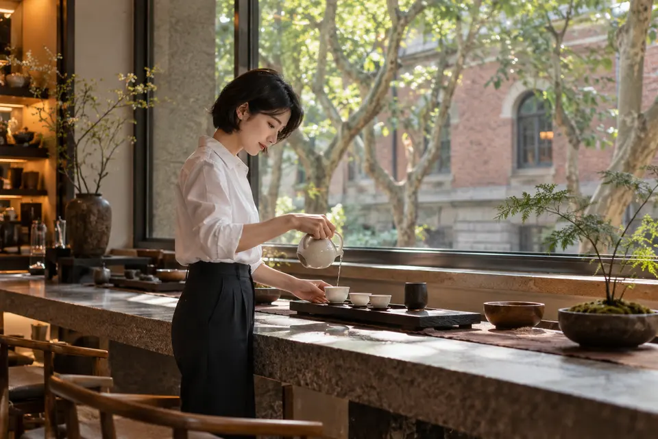 都市梧桐街区茶室中，年轻女性用白瓷茶具倒茶的场景