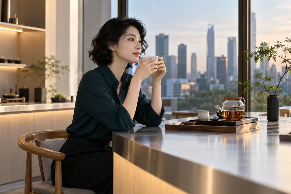 现代设计茶吧中，年轻女性在白瓷茶具前安静品茶的场景